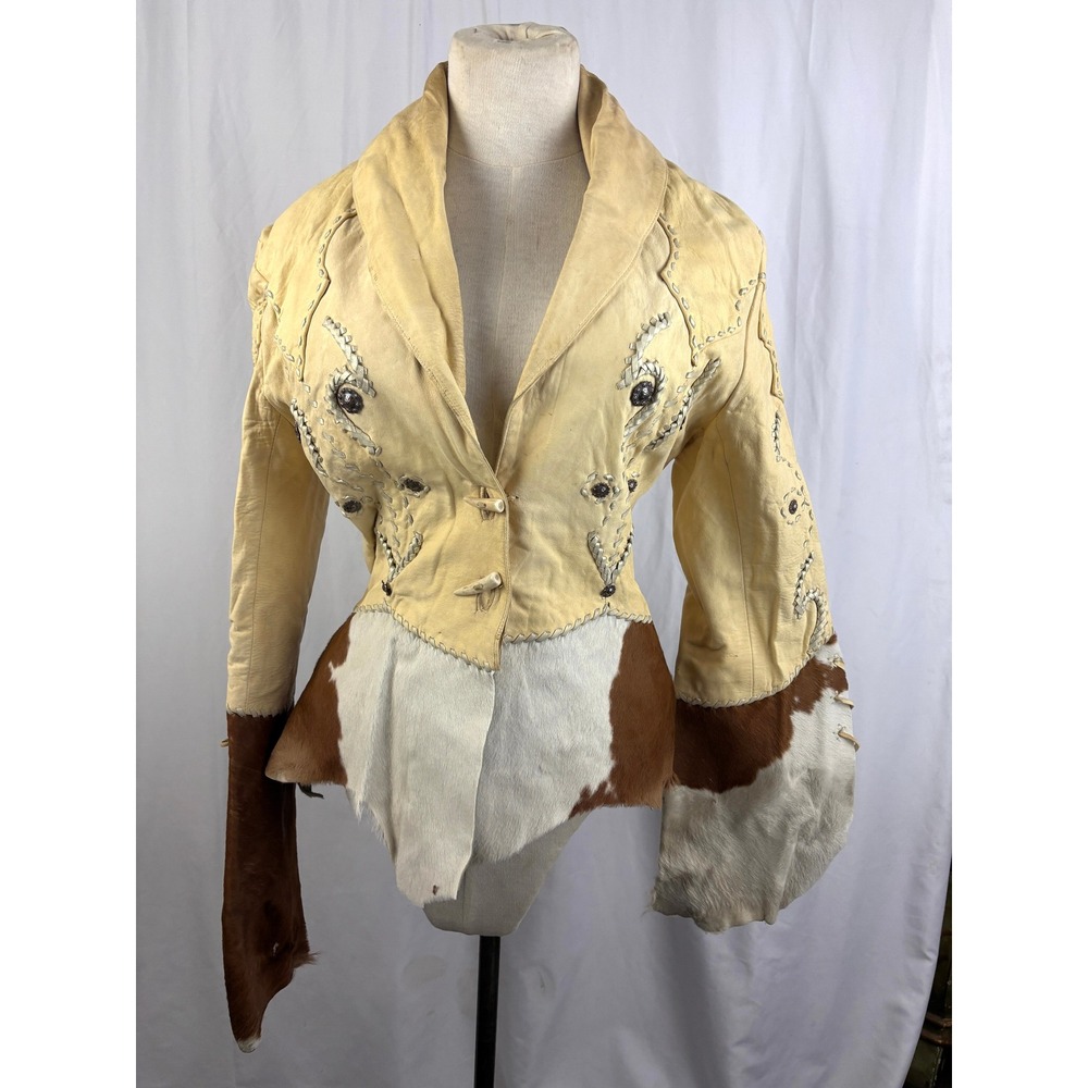 Vtg Michelle Julene Couture Leather Jacket Cowhide Western Beaded Whipstitch S - Picture 7 of 16